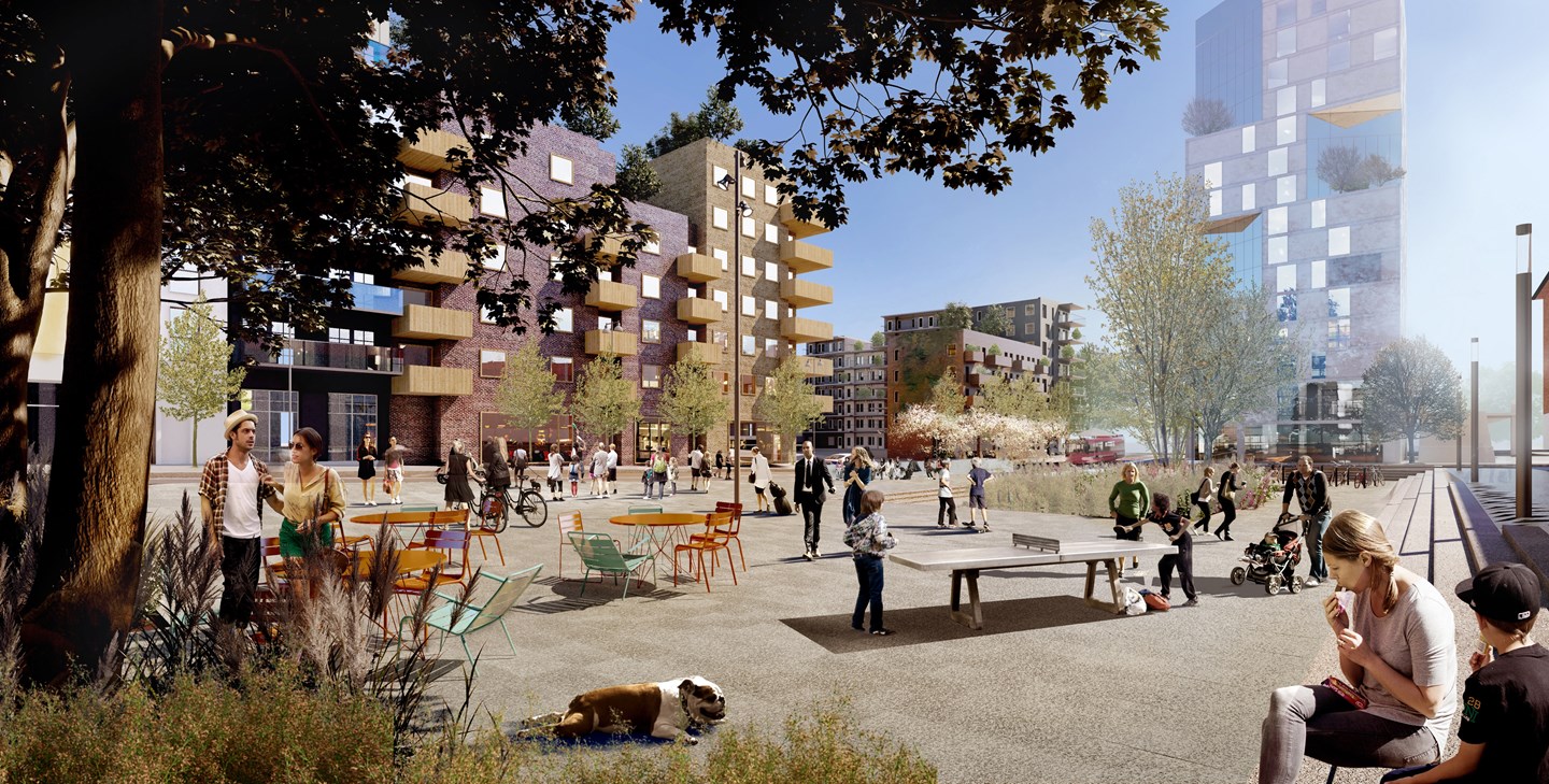Visualisering av torget i Roslagsnäsby där Wästbygg planerar lägenheter med bostadsrätt i projektet wästerläge