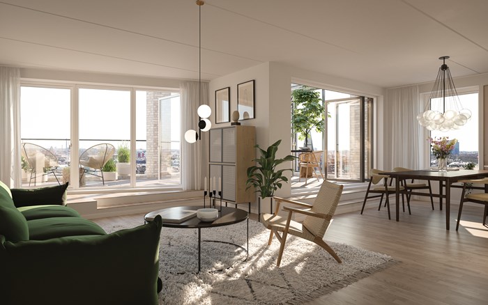 En visualisering av ett vardagsrum i en lägenhet i cityterrassen - ett projekt med bostadsrätter i centrala malmö